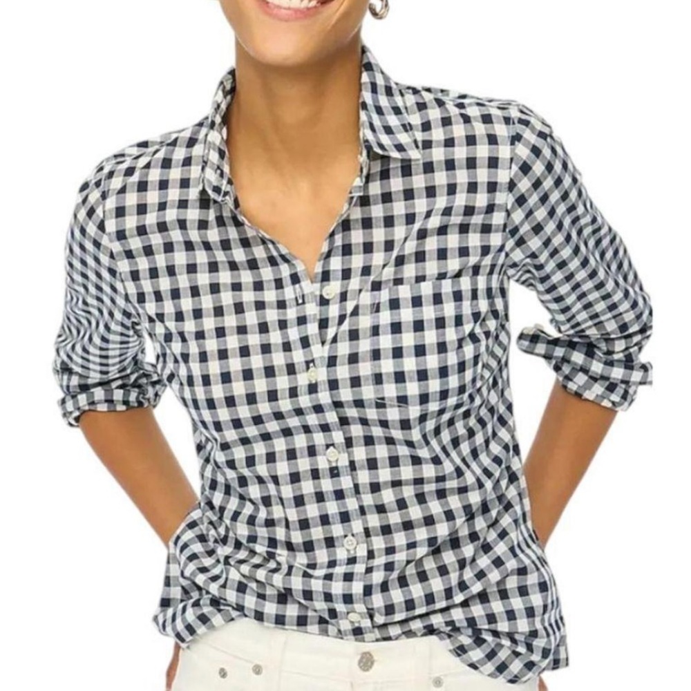 J. Crew Gingham Lightweight Cotton Shirt in Signature Fit Navy Blue Size XXS